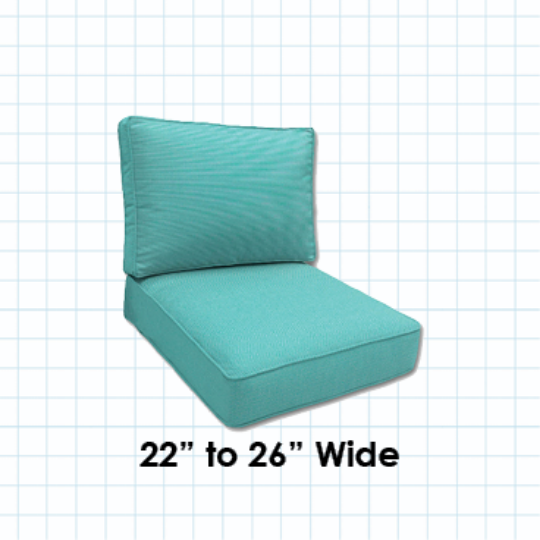 Boxed double-piped deep seating patio chair cushion set – includes seat and back cushion. Fully customizable for a perfect fit. Choose your exact dimensions from over 500 premium Sunbrella fabrics.